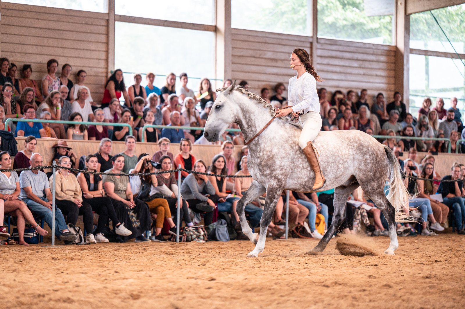 Reiterin auf einem grauen Schimmel in der Reithalle vor vollbesetzter Tribüne beim Key to Horses Event